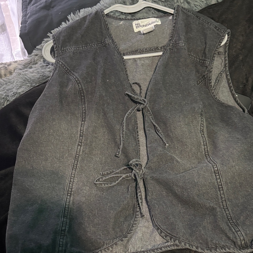 No Boundaries Dark Gray Denim Vest with Tie Front